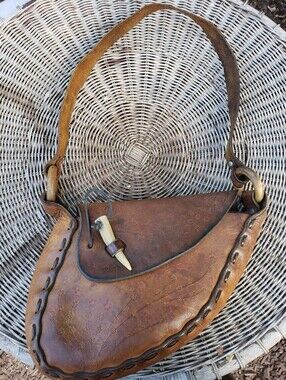 Handcrafted Vintage  Brown Leather Tooled  Shoulder Bag with Horn Toggle